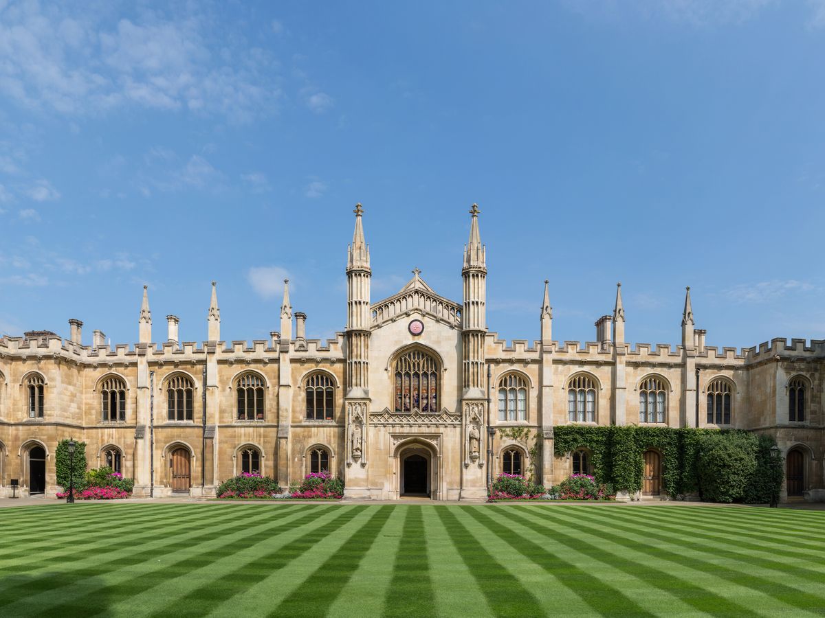 Corpus Christi College's New Court in Cambridge, with its striped lawn